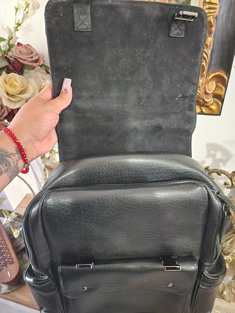 Black Faux Leather Laptop Backpack Travel Business School Unisex